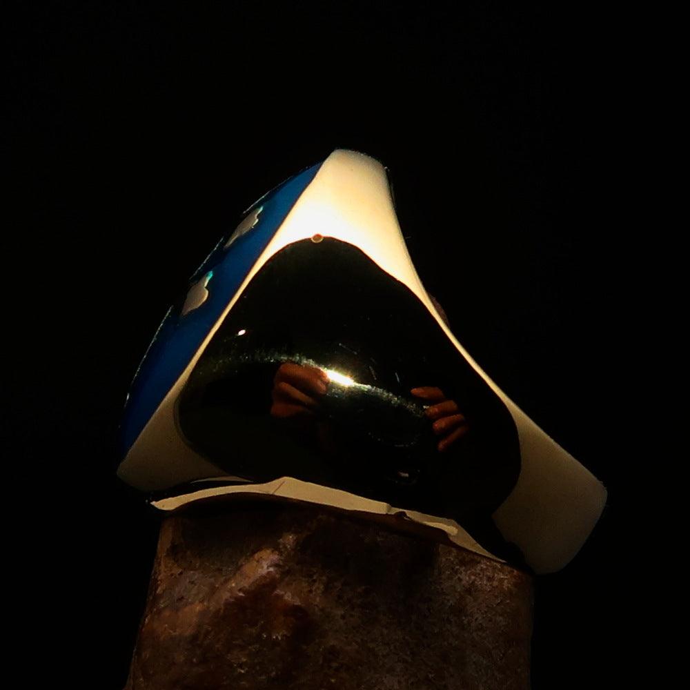 Excellent crafted oval domed Men's blue Cross Lorraine Ring - solid